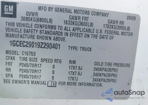 2009 Chevrolet Silverado 1500 Lt z USA, uszkodzony, nr VIN 1GCEC29019Z290401